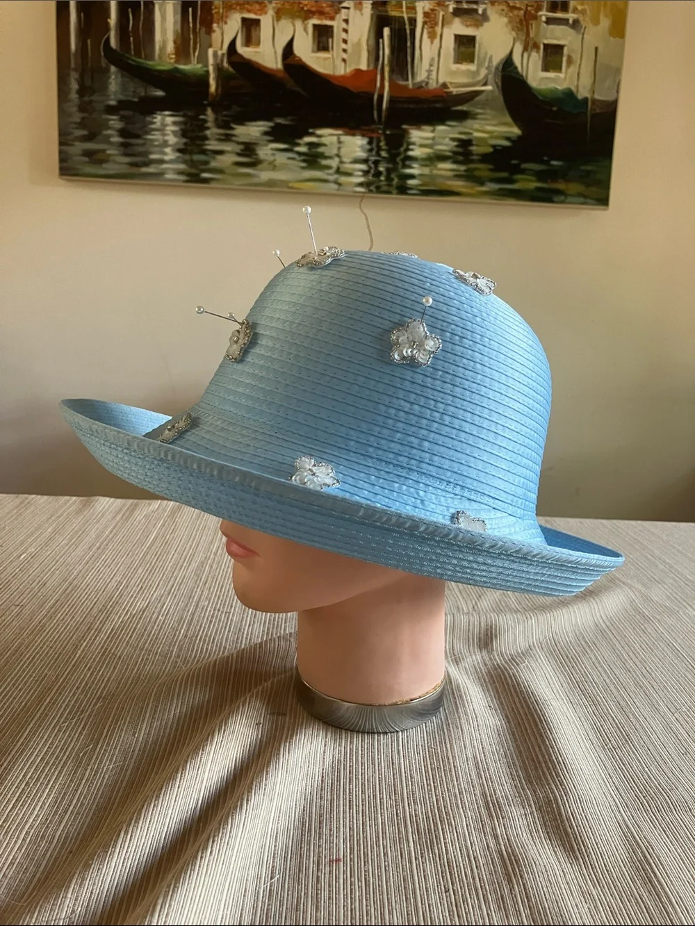 Chic Light Blue Embellished Satin Ribbon Hat